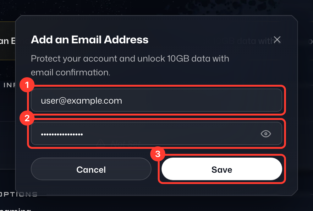 Das Fenster E-Mail-Adresse hinzufügen, mit hervorgehobener neuer E-Mail-Adresse (1), Ihrem aktuellen Passwort (2) und Speichern (3)