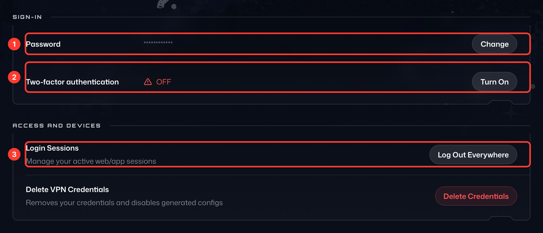 Numbered details on the Security tab