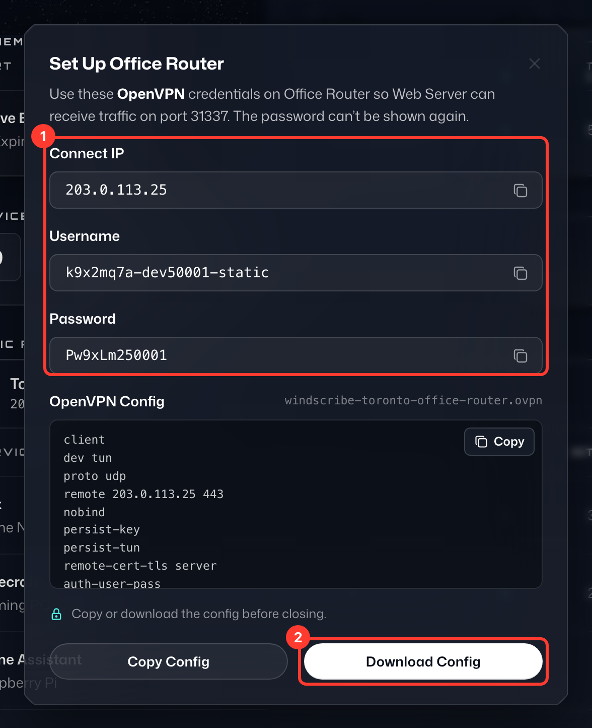 Fenster Einrichten mit hervorgehobenen Zugangsdaten des Geräts (1) und OpenVPN-Konfiguration herunterladen (2)
