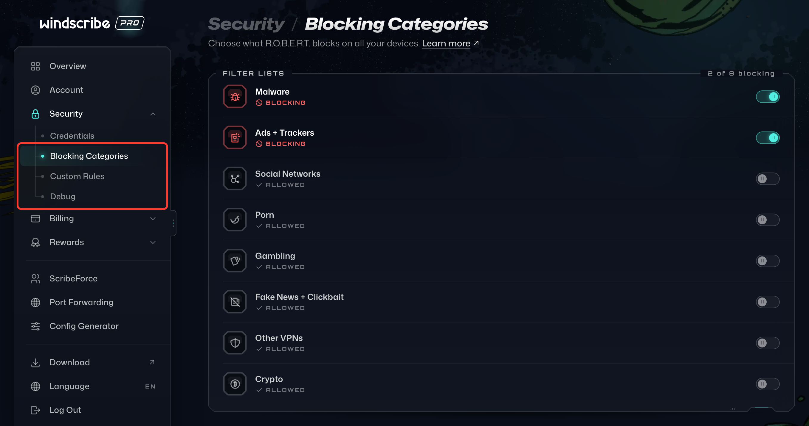 Blocking Categories, Custom Rules and Debug highlighted under Security in the My Account sidebar, with Blocking Categories open