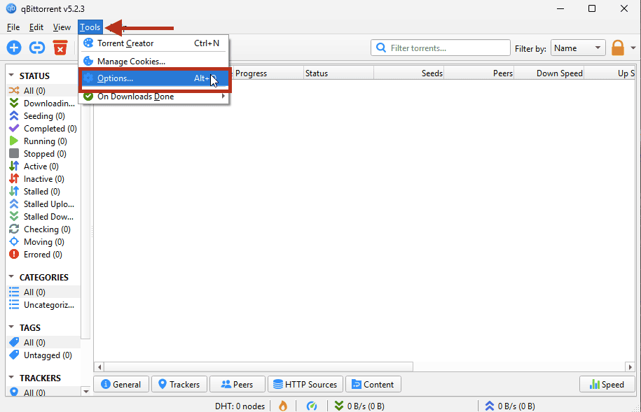 Selecting Tools > Options in qBittorrent