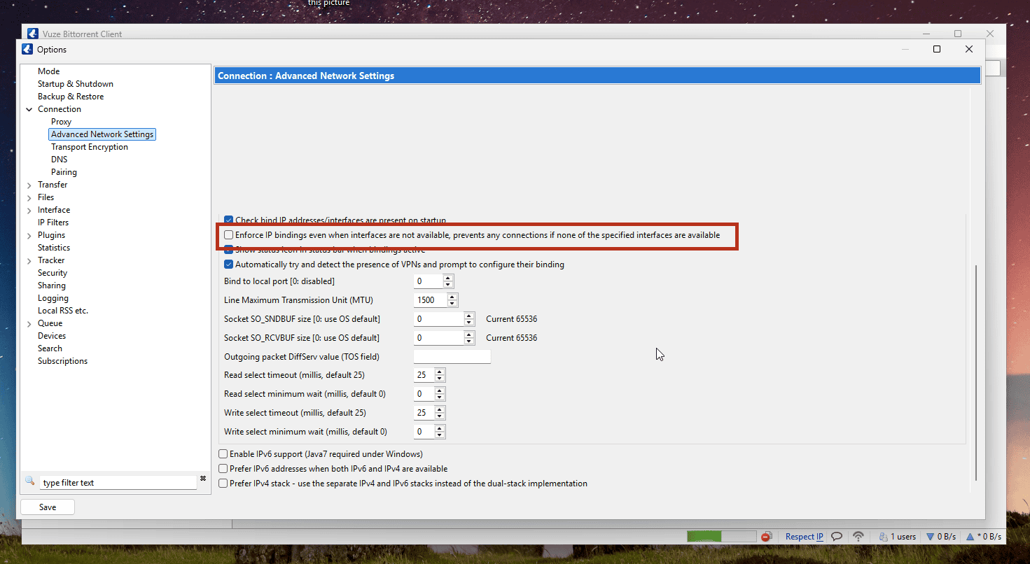 Locating the unticked Enforce IP bindings even when interfaces are not available option in Vuze