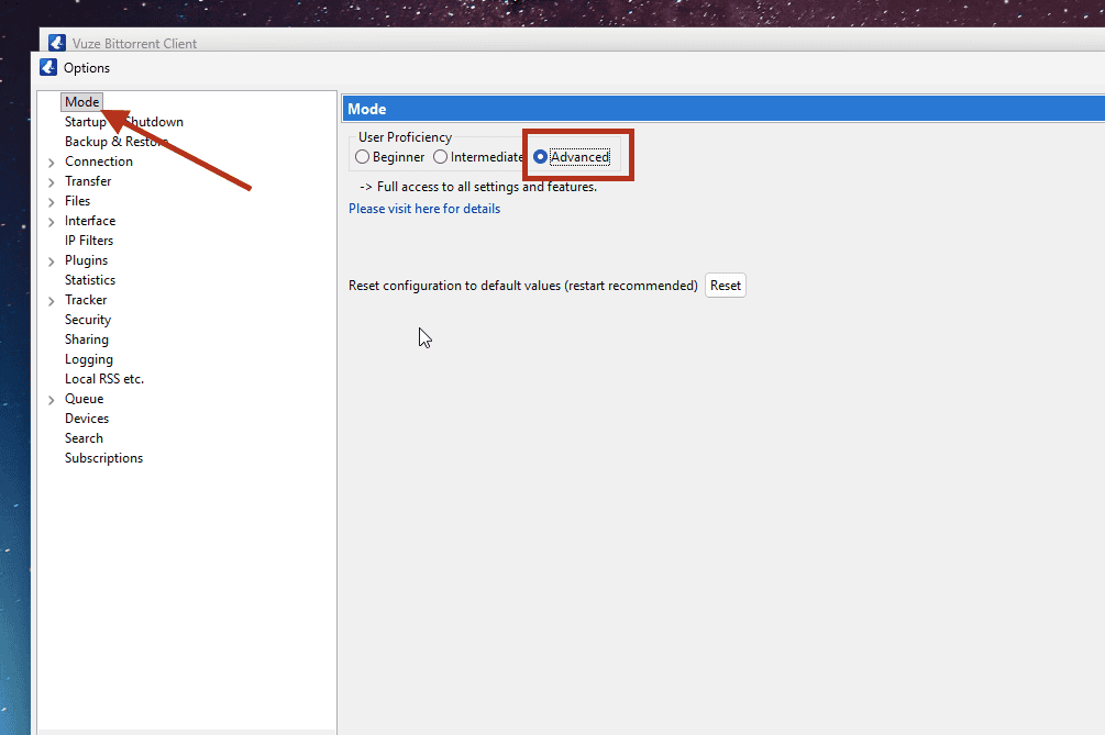 Vuze Mode with user proficiency set to Advanced