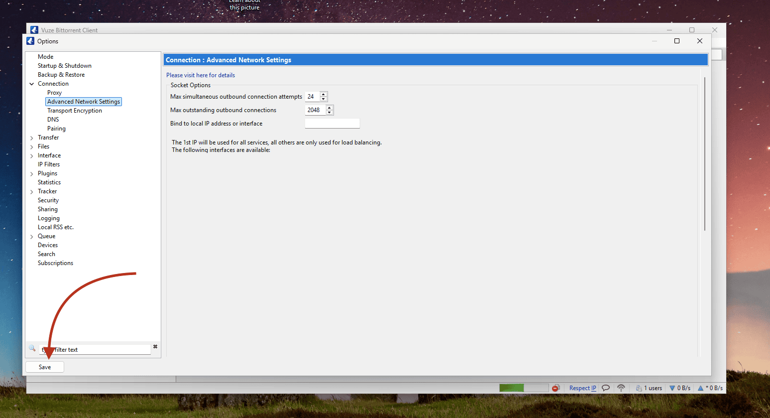 The Save button in Vuze Advanced Network Settings