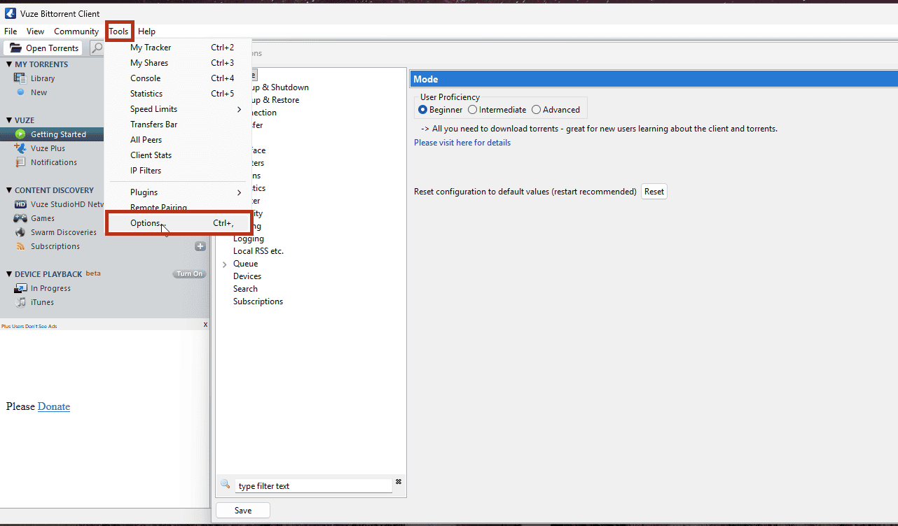 Opening Tools > Options in Vuze